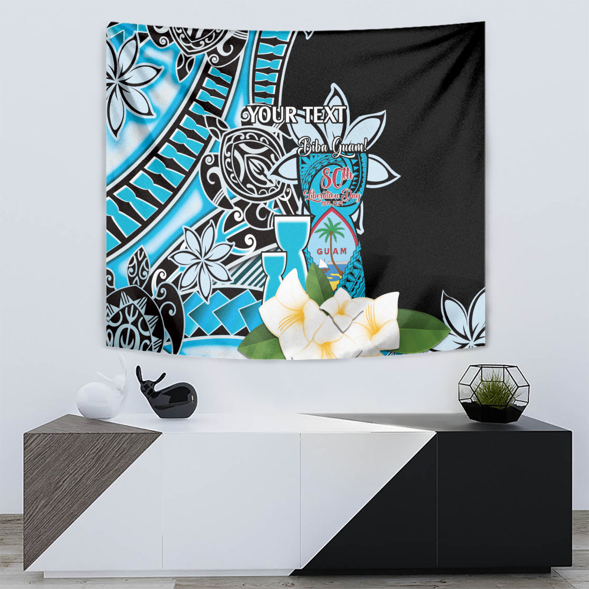 Personalised Guam Liberation Day Tapestry 80th Anniversary Chamorro Latte Stone With Guasali Flowers LT14 - Polynesian Pride