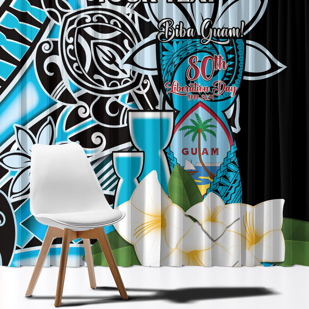 Personalised Guam Liberation Day Window Curtain 80th Anniversary Chamorro Latte Stone With Guasali Flowers LT14 - Polynesian Pride
