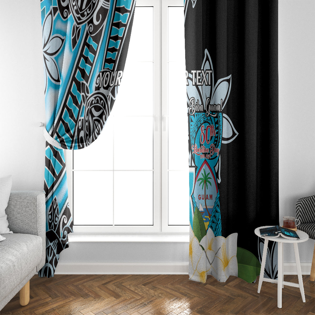 Personalised Guam Liberation Day Window Curtain 80th Anniversary Chamorro Latte Stone With Guasali Flowers LT14 - Polynesian Pride