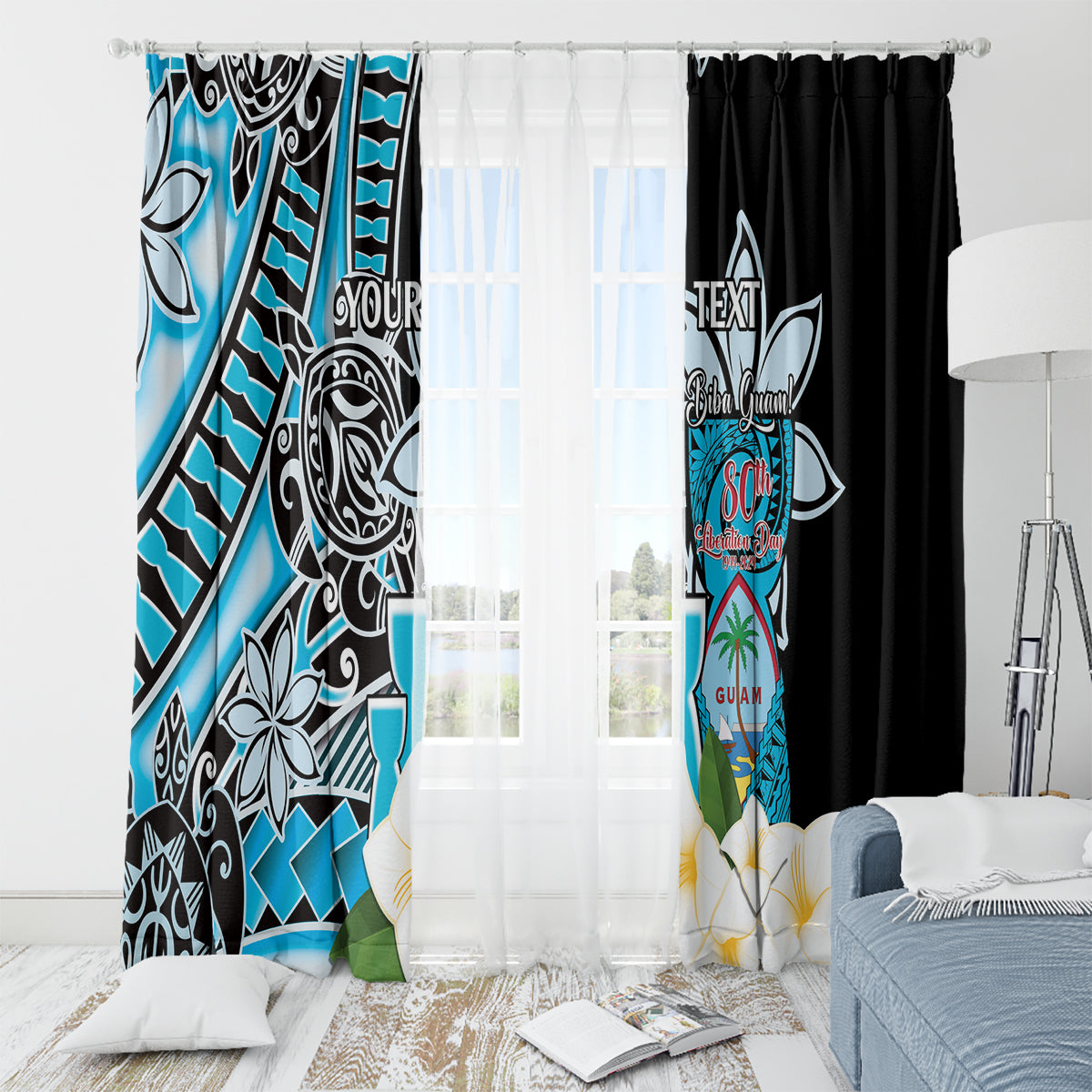 Personalised Guam Liberation Day Window Curtain 80th Anniversary Chamorro Latte Stone With Guasali Flowers LT14 - Polynesian Pride