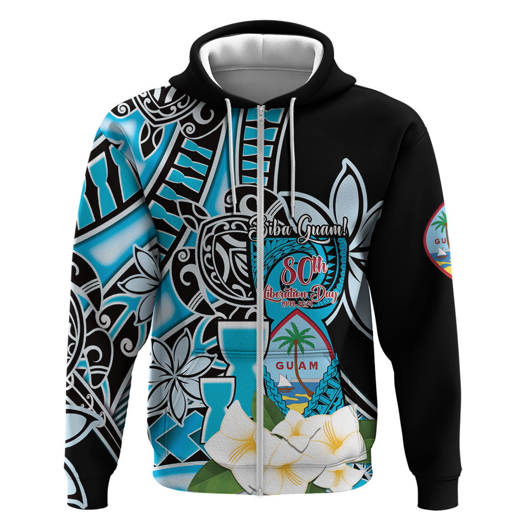 Personalised Guam Liberation Day Zip Hoodie 80th Anniversary Chamorro Latte Stone With Guasali Flowers LT14 Zip Hoodie Blue - Polynesian Pride