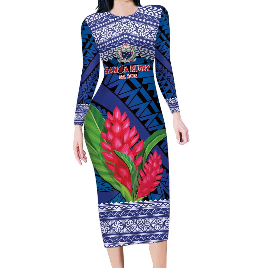 Custom Samoa Rugby Long Sleeve Bodycon Dress 2024 Go Champions Samoan Gingers LT14 Long Dress Blue - Polynesian Pride