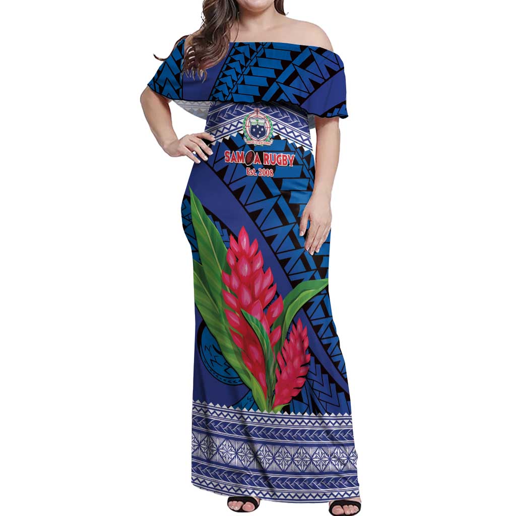 Custom Samoa Rugby Off Shoulder Maxi Dress 2024 Go Champions Samoan Gingers LT14 Women Blue - Polynesian Pride