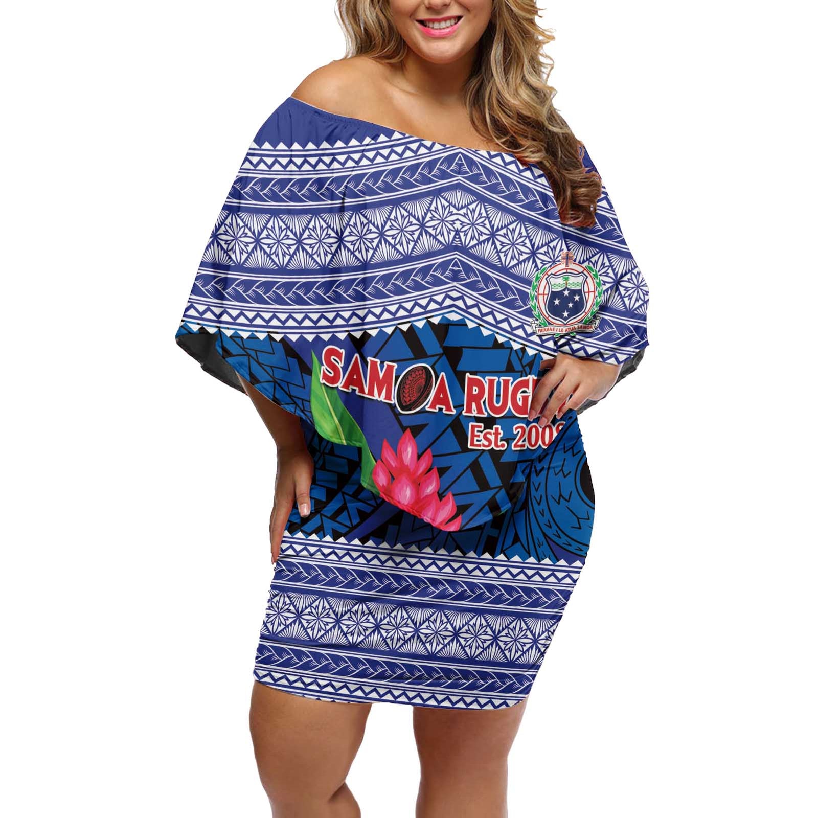 Custom Samoa Rugby Off Shoulder Short Dress 2024 Go Champions Samoan Gingers LT14 Women Blue - Polynesian Pride