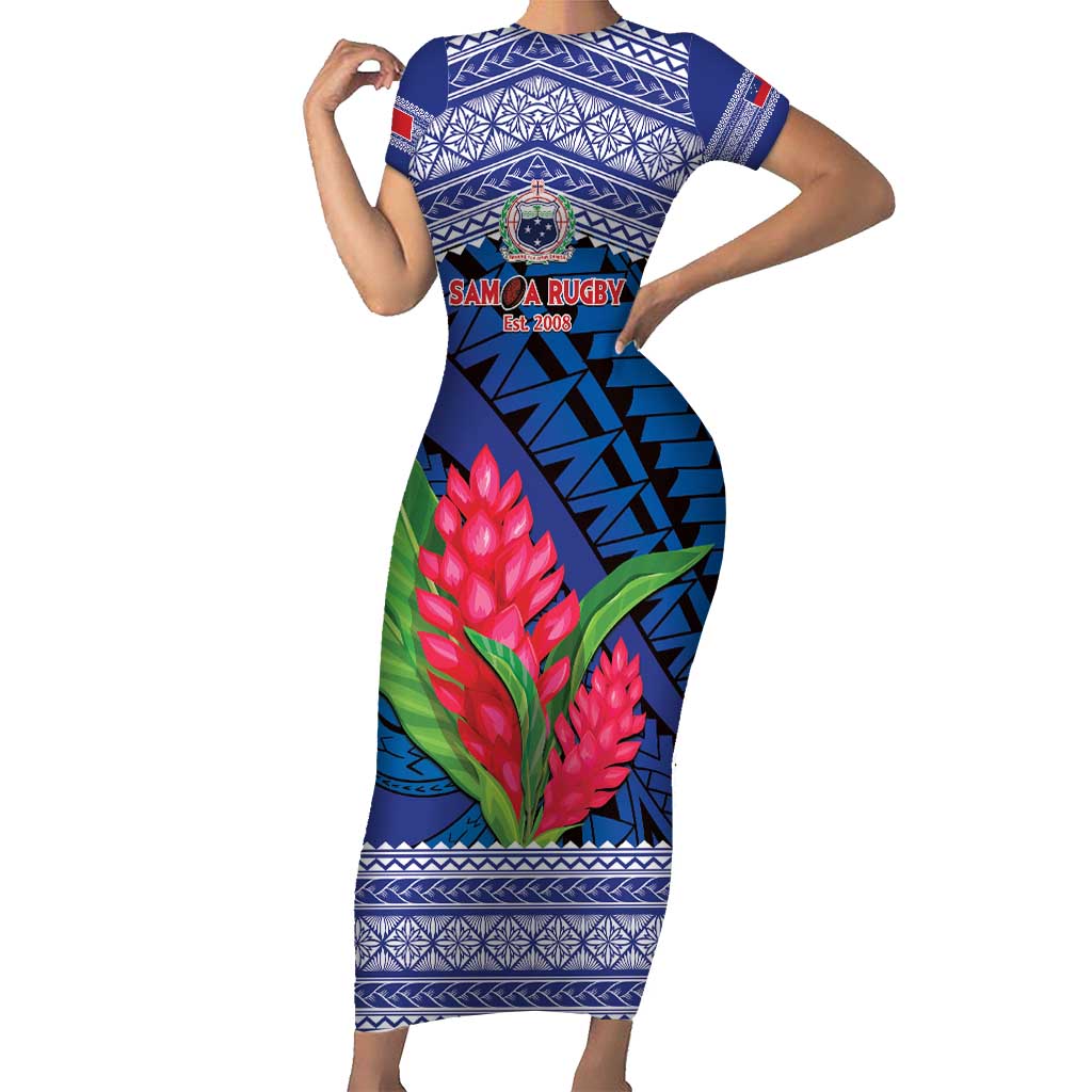 Custom Samoa Rugby Short Sleeve Bodycon Dress 2024 Go Champions Samoan Gingers LT14 Long Dress Blue - Polynesian Pride