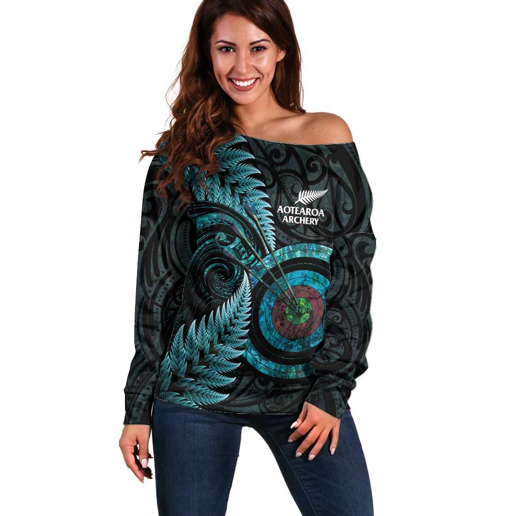 New Zealand Archery Off Shoulder Sweater Aotearoa Silver Fern Maori LT14 Women Turquoise - Polynesian Pride