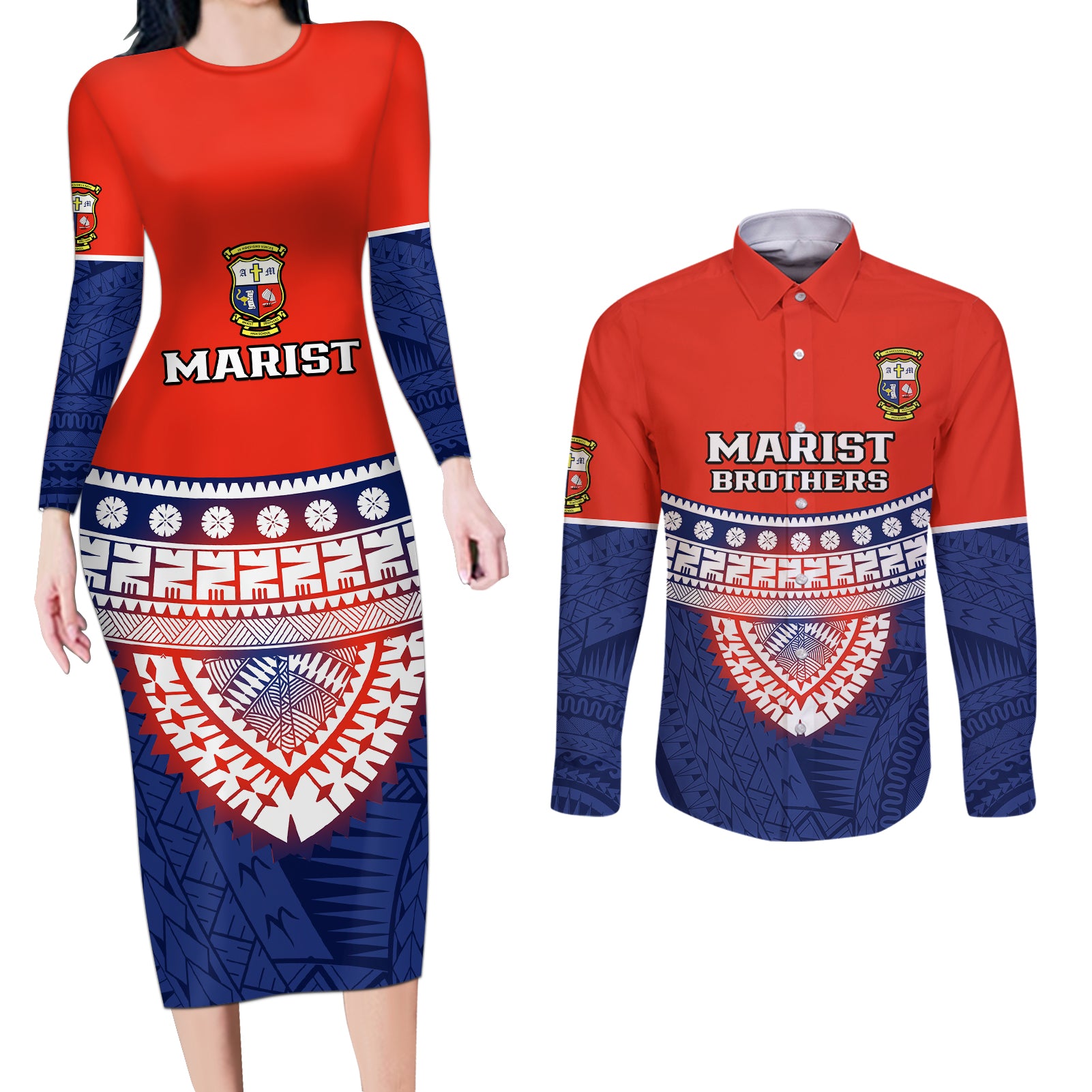 Fiji School Couples Matching Long Sleeve Bodycon Dress and Long Sleeve Button Shirts Marist Brothers Fijian Tapa Pattern LT14 Blue - Polynesian Pride