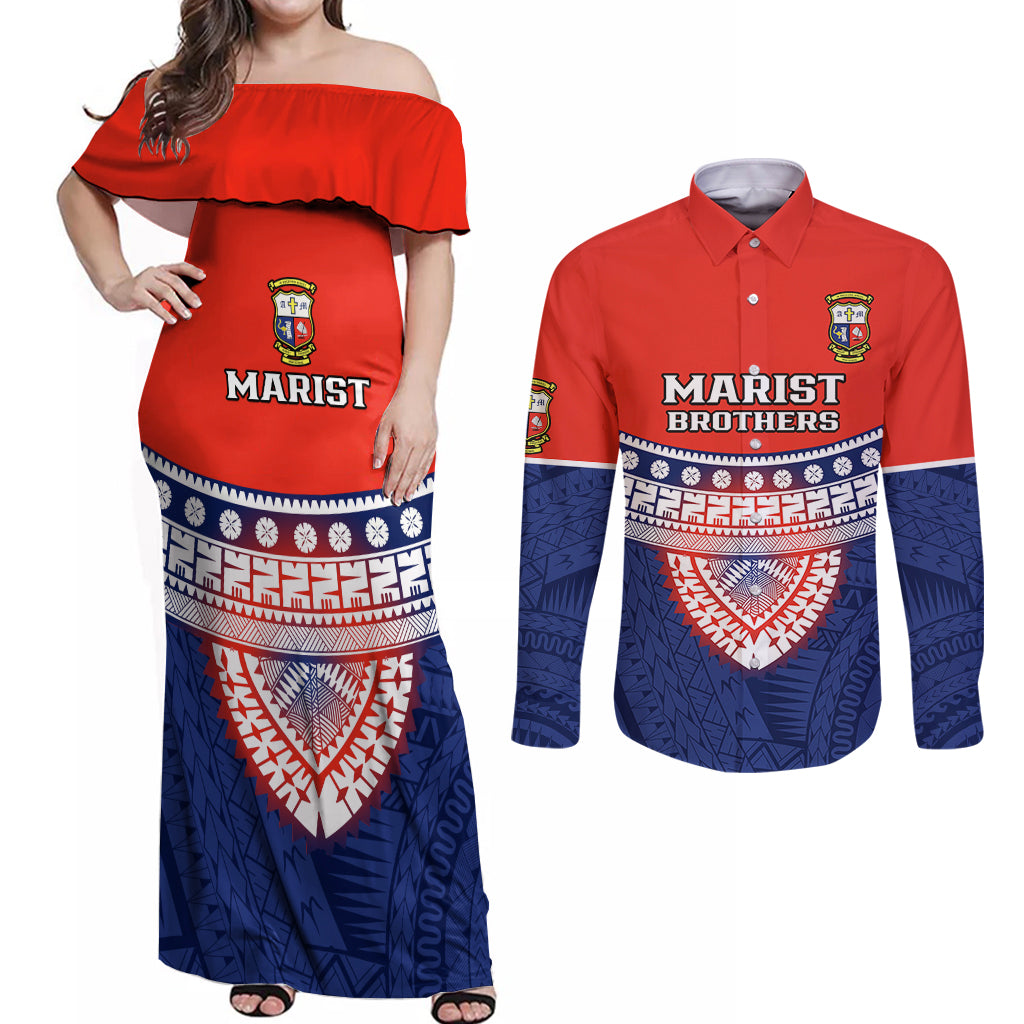 Fiji School Couples Matching Off Shoulder Maxi Dress and Long Sleeve Button Shirts Marist Brothers Fijian Tapa Pattern LT14 Blue - Polynesian Pride