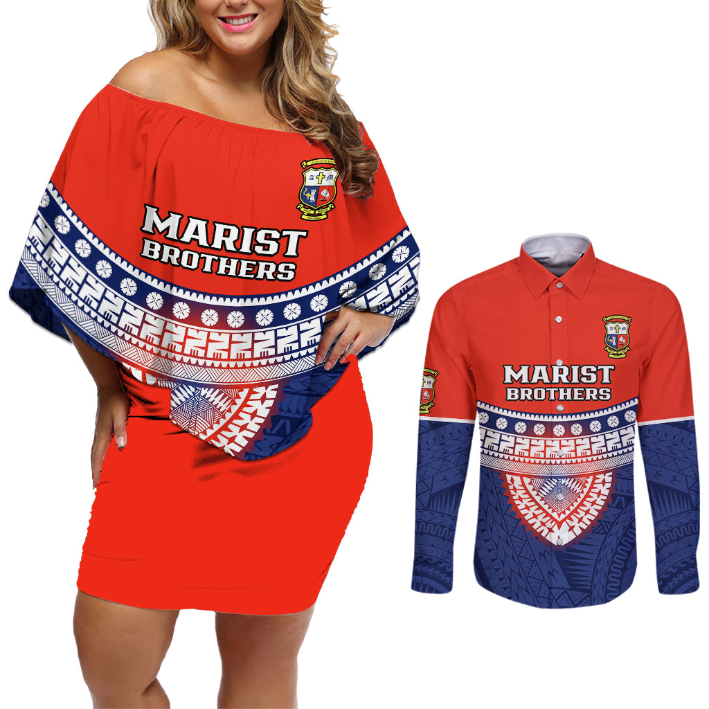 Fiji School Couples Matching Off Shoulder Short Dress and Long Sleeve Button Shirts Marist Brothers Fijian Tapa Pattern LT14 Blue - Polynesian Pride