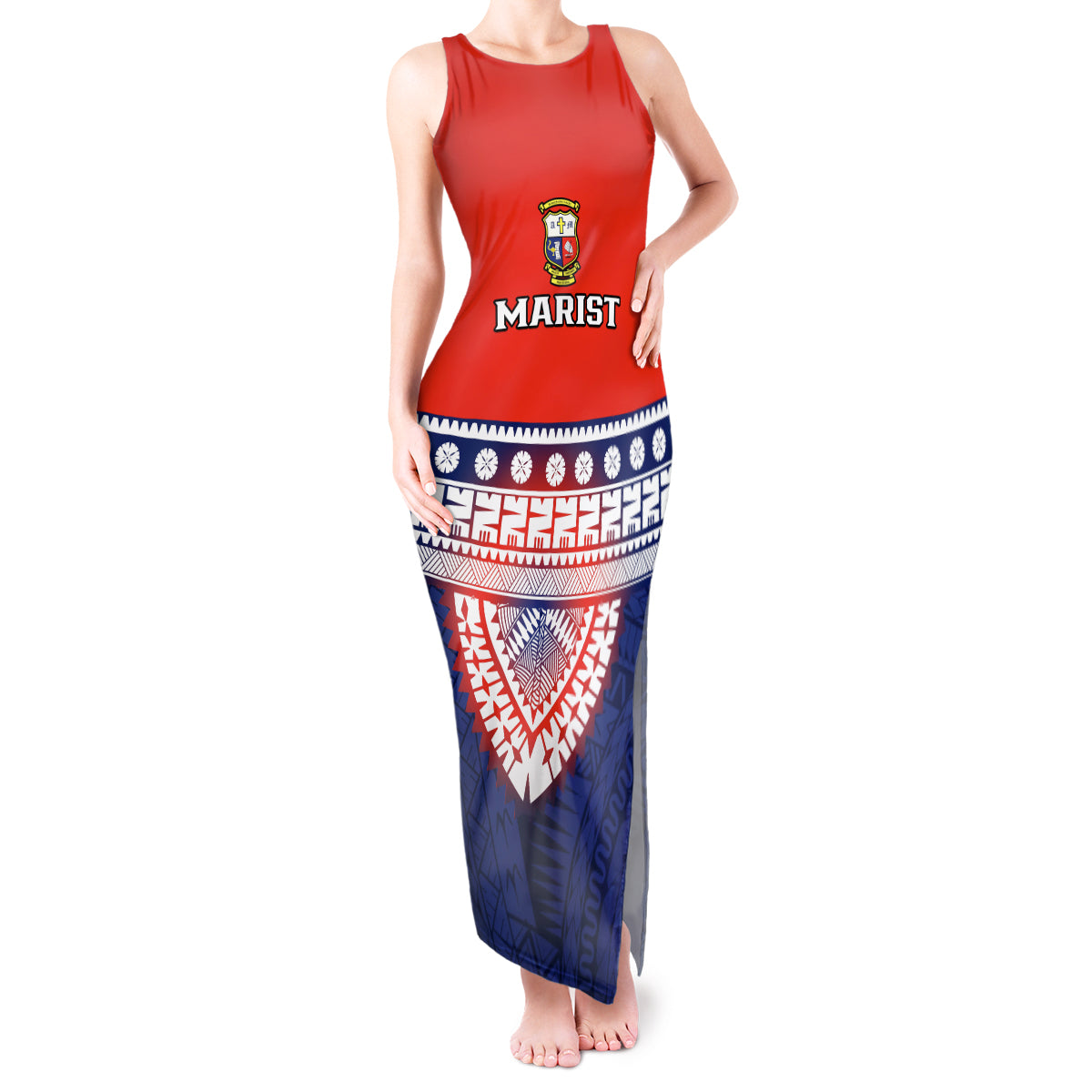 Fiji School Tank Maxi Dress Marist Brothers Fijian Tapa Pattern LT14 Women Blue - Polynesian Pride