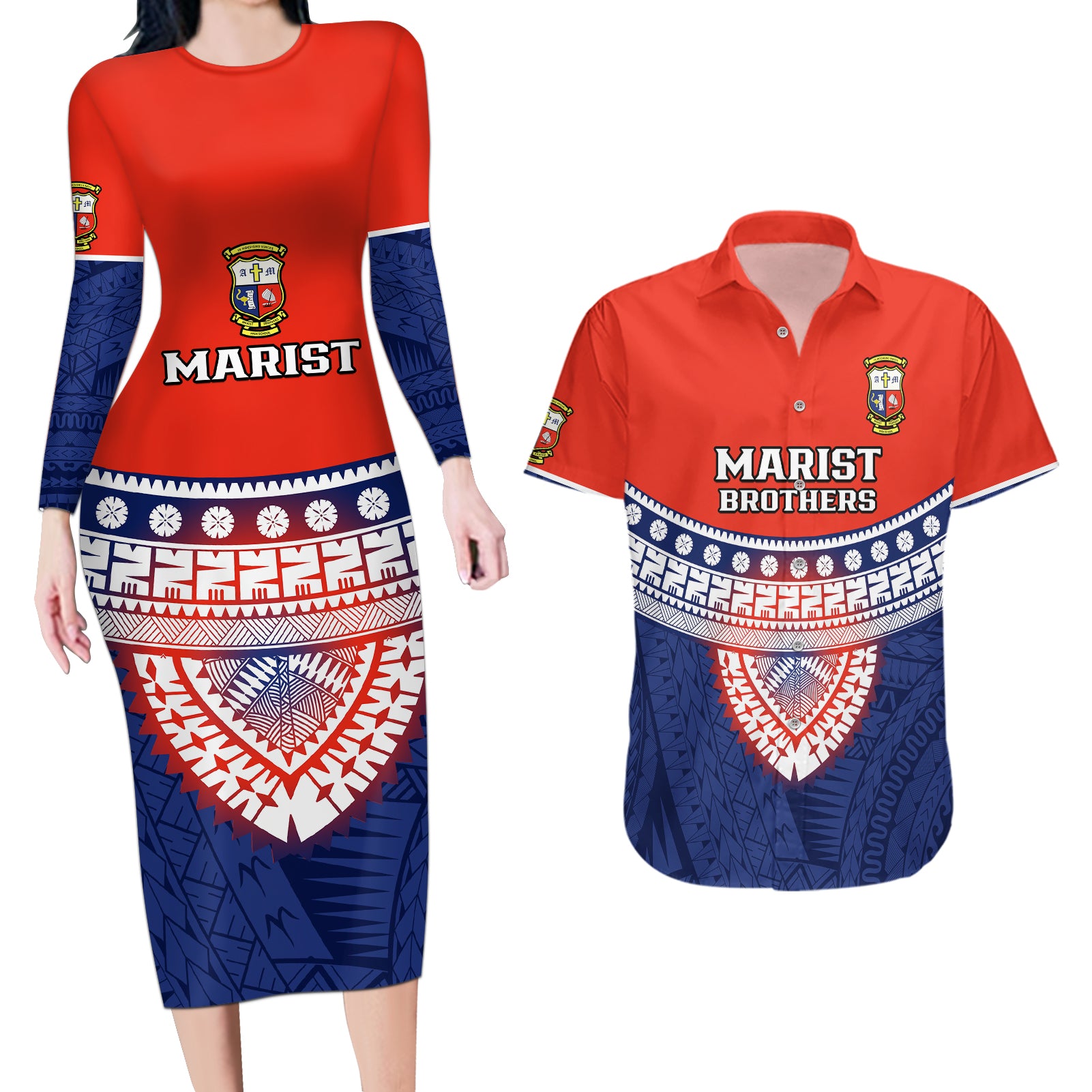 Custom Fiji School Couples Matching Long Sleeve Bodycon Dress and Hawaiian Shirt Marist Brothers Fijian Tapa Pattern LT14 Blue - Polynesian Pride