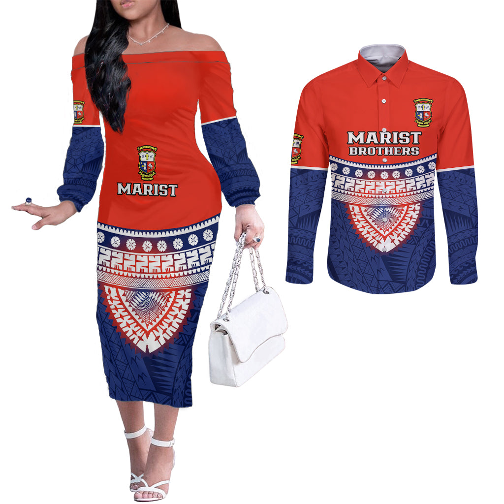 Custom Fiji School Couples Matching Off The Shoulder Long Sleeve Dress and Long Sleeve Button Shirts Marist Brothers Fijian Tapa Pattern LT14 Blue - Polynesian Pride