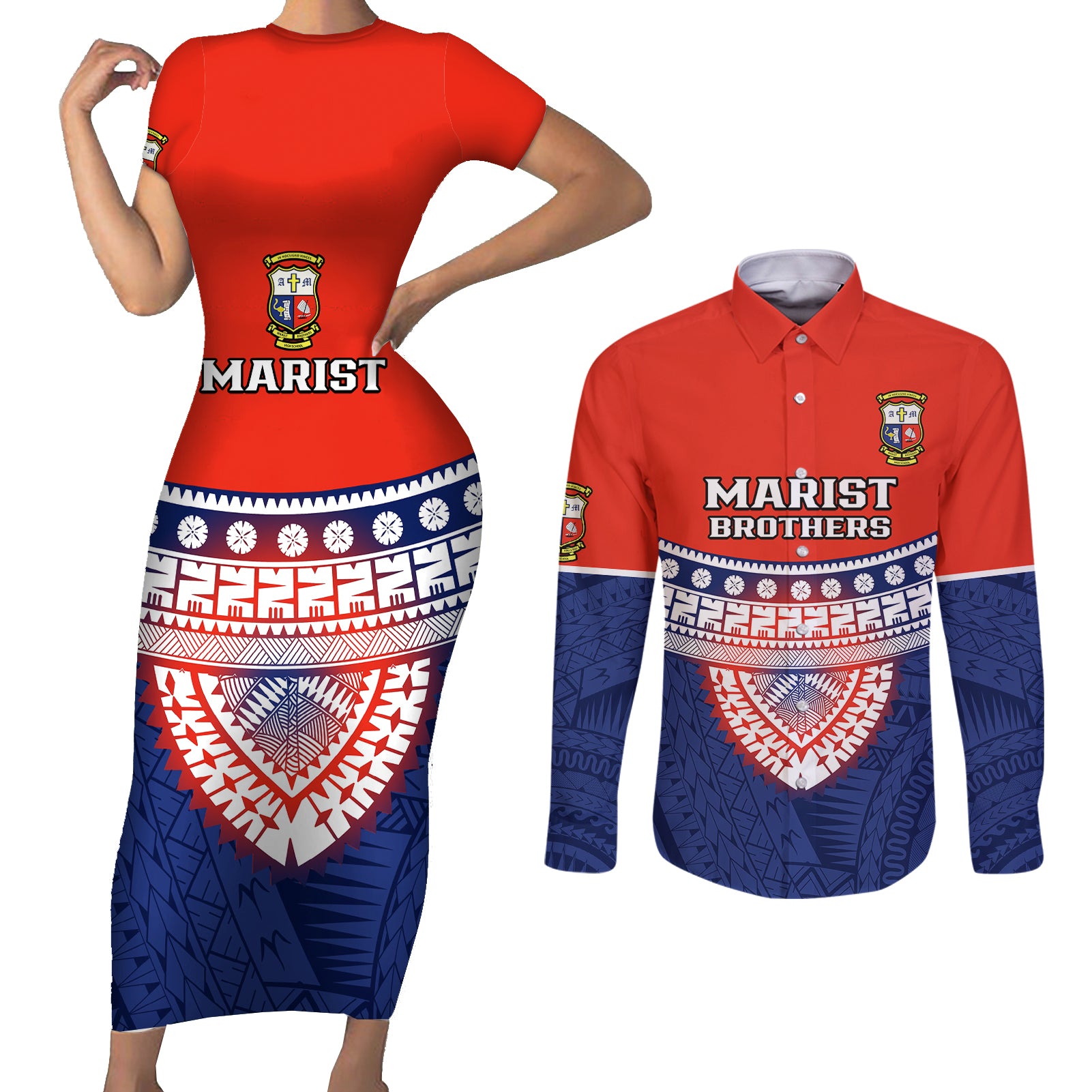 Custom Fiji School Couples Matching Short Sleeve Bodycon Dress and Long Sleeve Button Shirts Marist Brothers Fijian Tapa Pattern LT14 Blue - Polynesian Pride