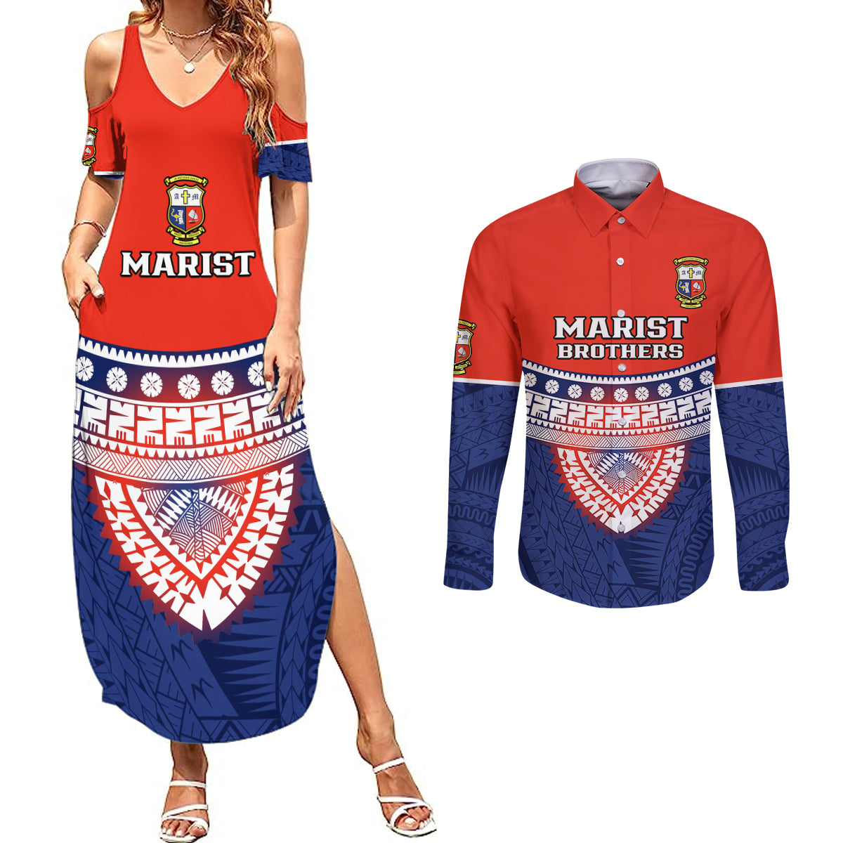 Custom Fiji School Couples Matching Summer Maxi Dress and Long Sleeve Button Shirts Marist Brothers Fijian Tapa Pattern LT14 Blue - Polynesian Pride