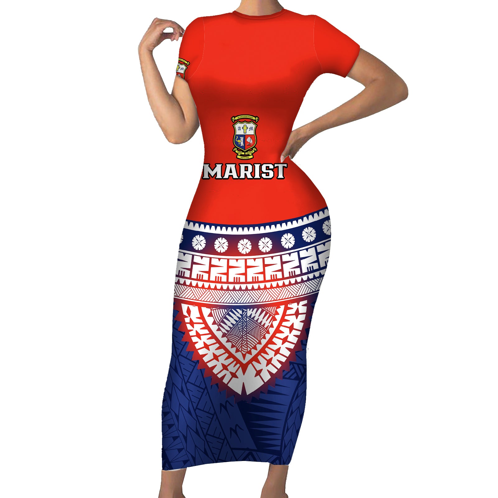 Custom Fiji School Short Sleeve Bodycon Dress Marist Brothers Fijian Tapa Pattern LT14 Long Dress Blue - Polynesian Pride