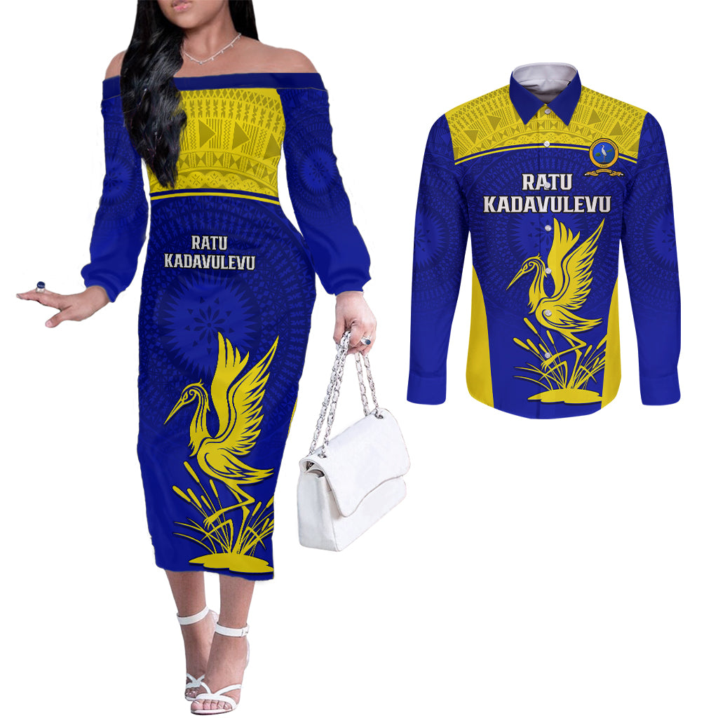 Fiji School Couples Matching Off The Shoulder Long Sleeve Dress and Long Sleeve Button Shirts Ratu Kadavulevu Heron With Fijian Tapa LT14 Gold - Polynesian Pride