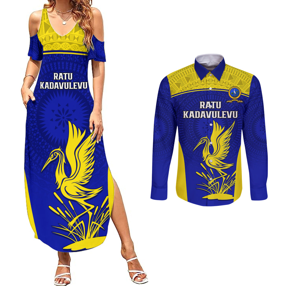 Fiji School Couples Matching Summer Maxi Dress and Long Sleeve Button Shirts Ratu Kadavulevu Heron With Fijian Tapa LT14 Gold - Polynesian Pride