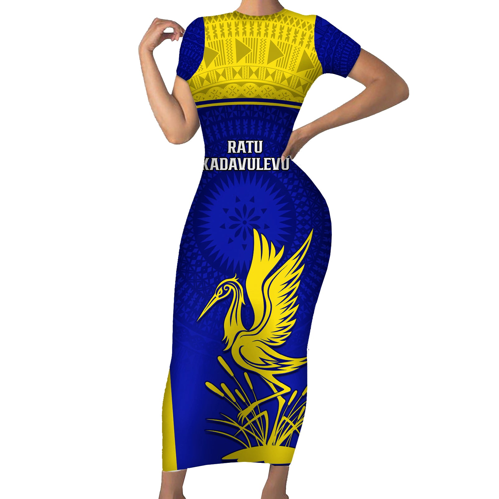 Fiji School Short Sleeve Bodycon Dress Ratu Kadavulevu Heron With Fijian Tapa LT14 Long Dress Gold - Polynesian Pride