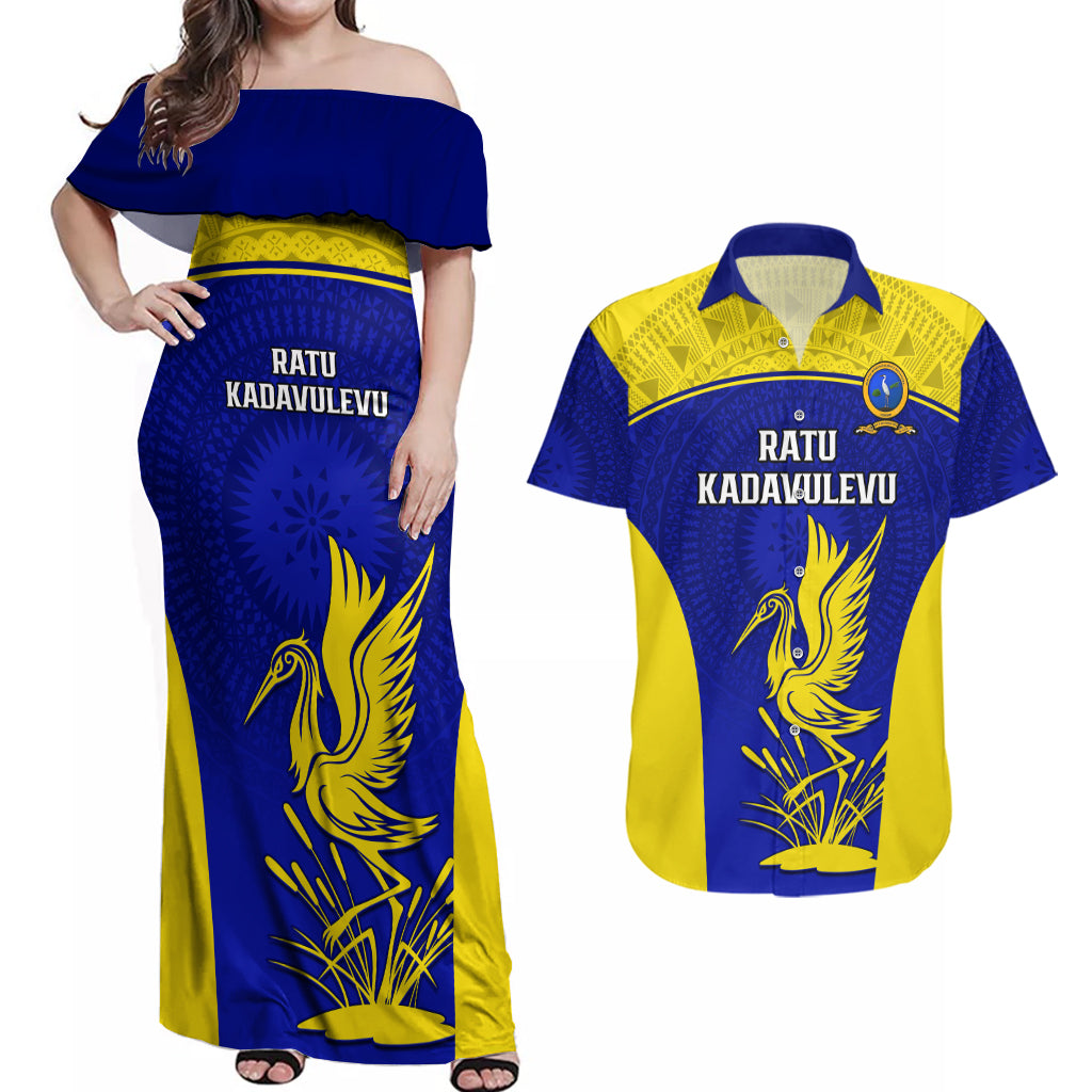 Custom Fiji School Couples Matching Off Shoulder Maxi Dress and Hawaiian Shirt Ratu Kadavulevu Heron With Fijian Tapa LT14 Gold - Polynesian Pride