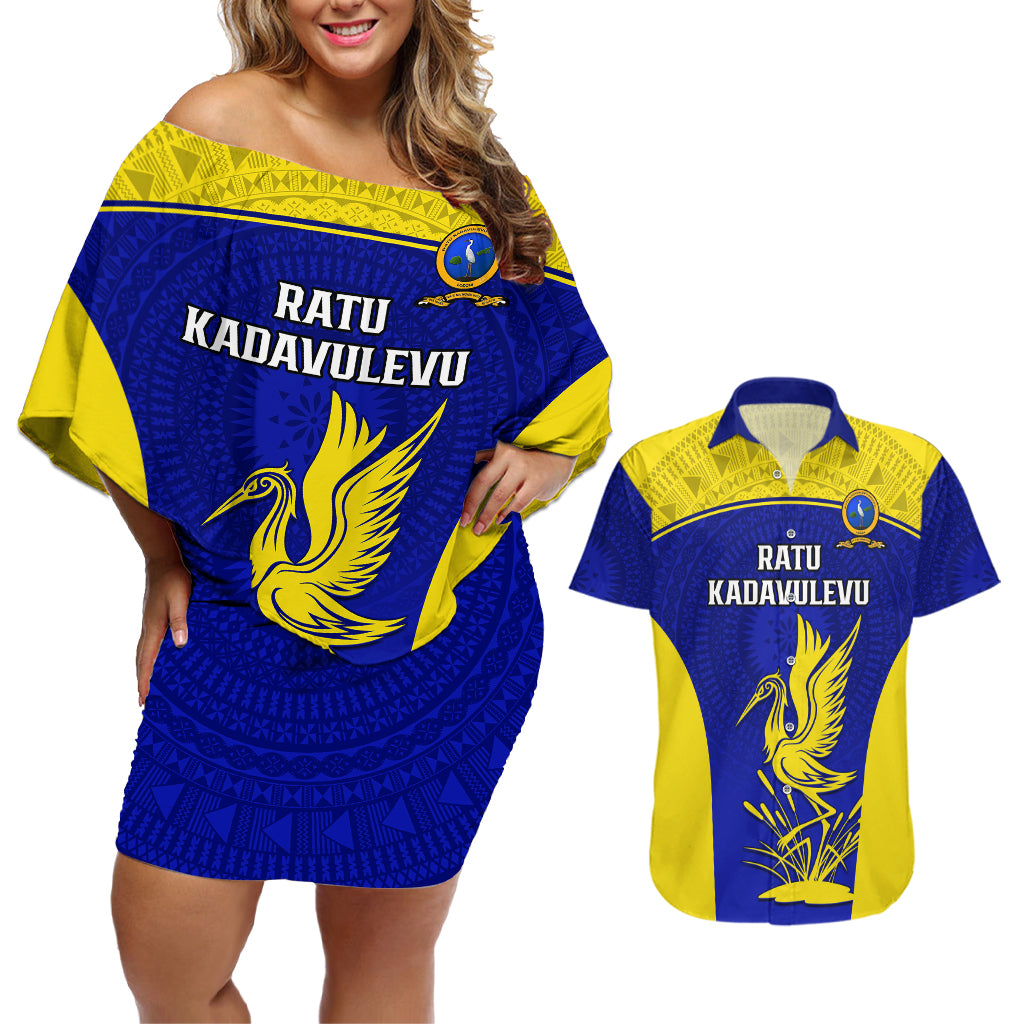 Custom Fiji School Couples Matching Off Shoulder Short Dress and Hawaiian Shirt Ratu Kadavulevu Heron With Fijian Tapa LT14 Gold - Polynesian Pride