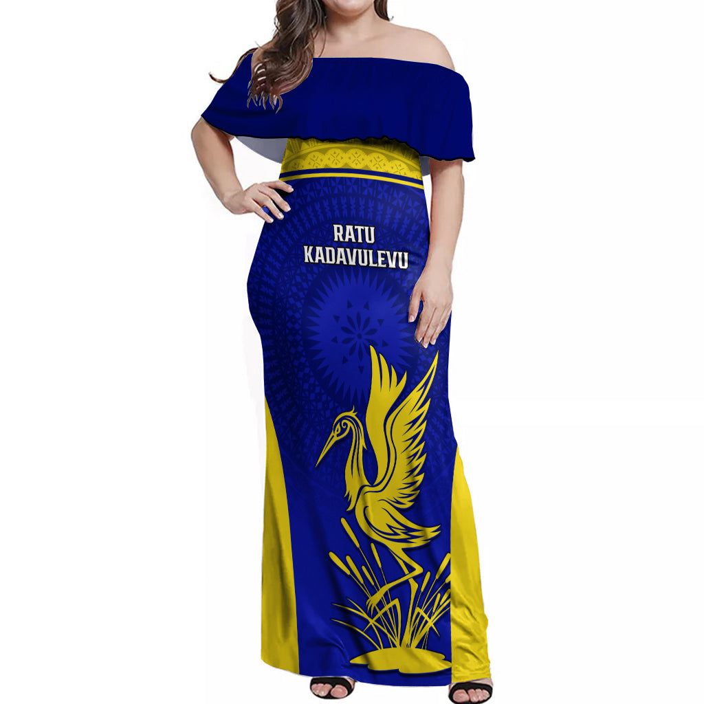 Custom Fiji School Off Shoulder Maxi Dress Ratu Kadavulevu Heron With Fijian Tapa LT14 Women Gold - Polynesian Pride