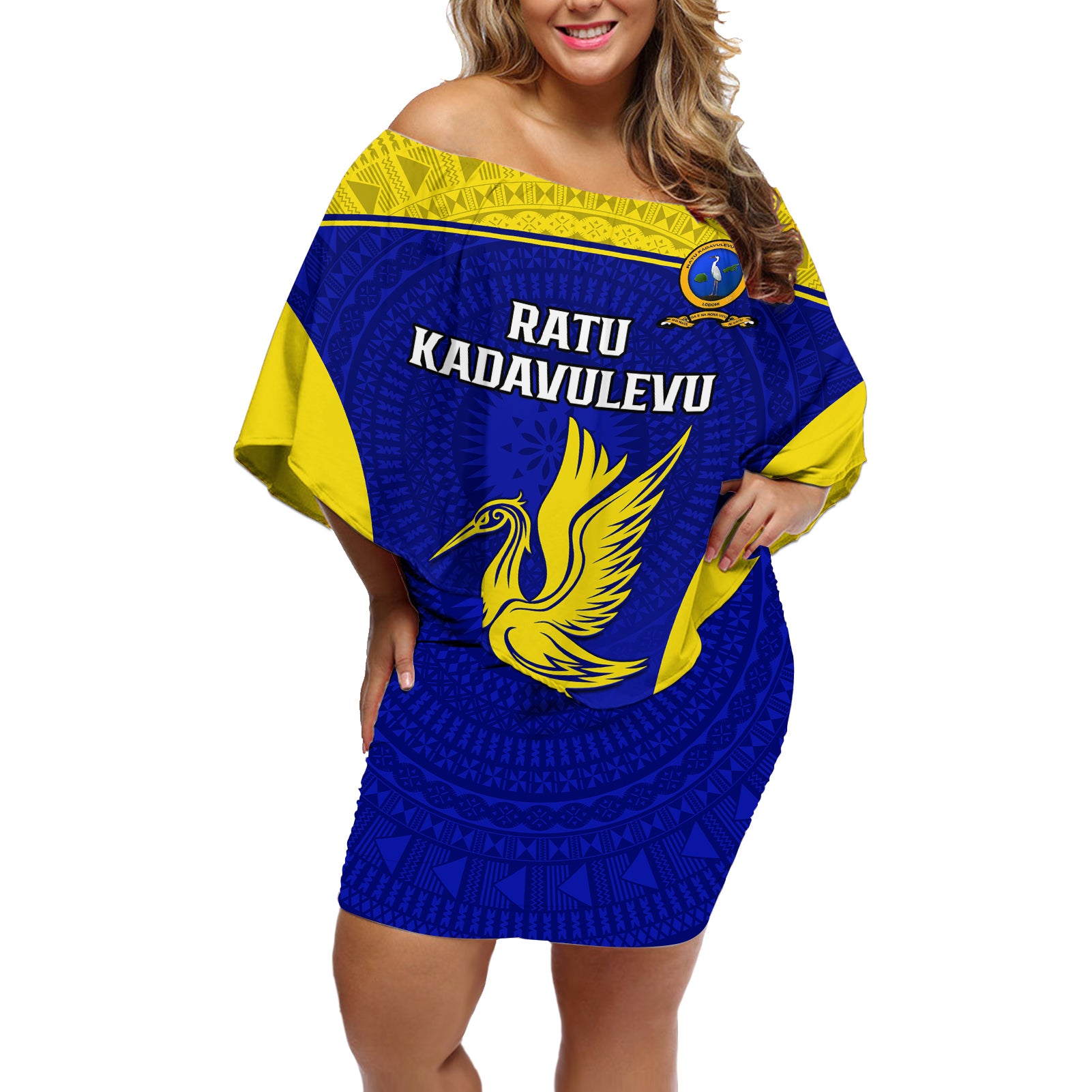 Custom Fiji School Off Shoulder Short Dress Ratu Kadavulevu Heron With Fijian Tapa LT14 Women Gold - Polynesian Pride