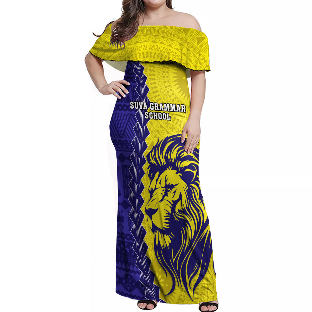 Fiji School Off Shoulder Maxi Dress Suva Grammar Lions With Fijian Tapa LT14 Women Gold - Polynesian Pride