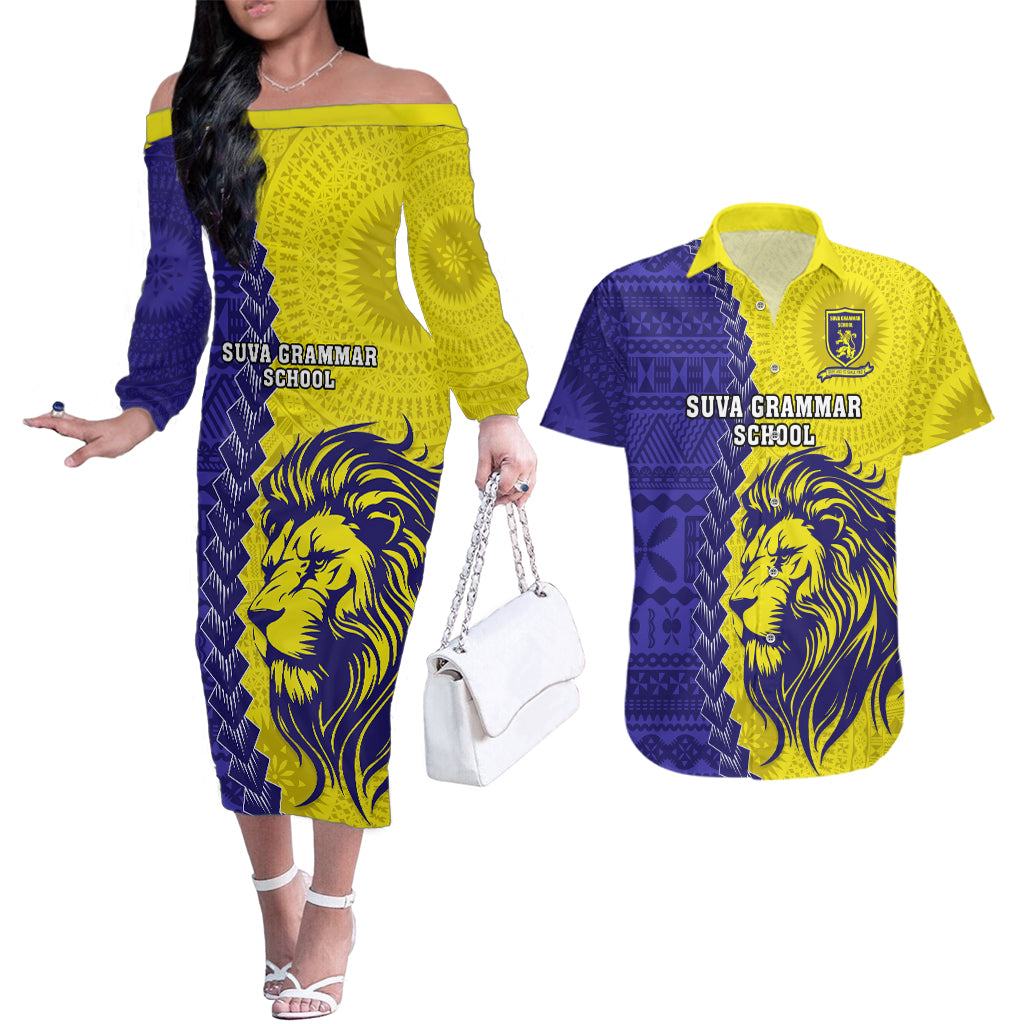 Custom Fiji School Couples Matching Off The Shoulder Long Sleeve Dress and Hawaiian Shirt Suva Grammar Lions With Fijian Tapa LT14 Gold - Polynesian Pride