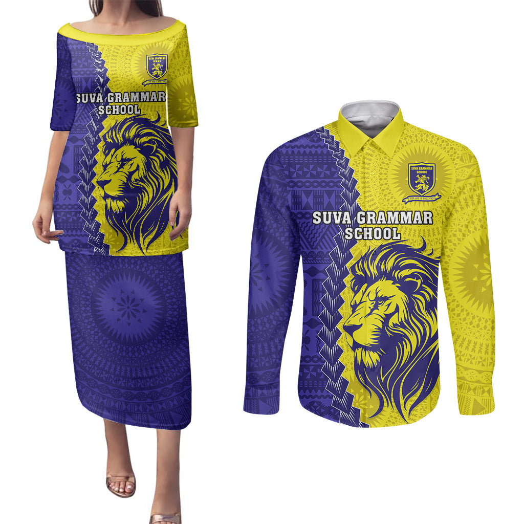 Custom Fiji School Couples Matching Puletasi Dress and Long Sleeve Button Shirts Suva Grammar Lions With Fijian Tapa LT14 Gold - Polynesian Pride