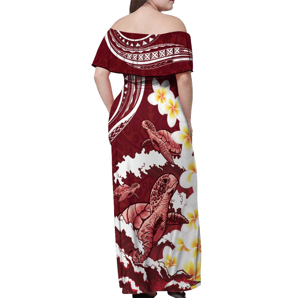 Blood Gold Polynesia Off Shoulder Maxi Dress Polynesian Frangipani With Sea Turtles LT14 - Polynesian Pride