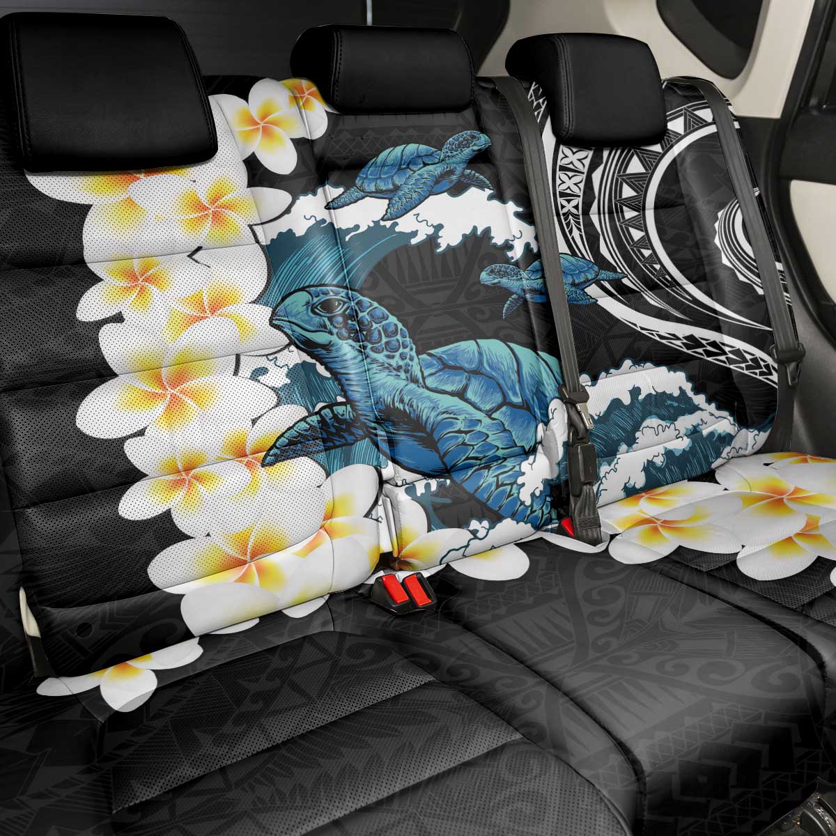 Black Polynesia Back Car Seat Cover Polynesian Frangipani With Sea Turtles LT14 - Polynesian Pride