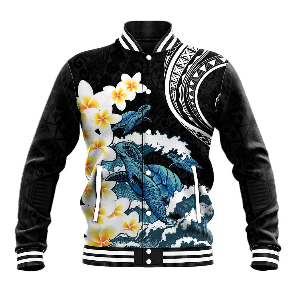 Black Polynesia Baseball Jacket Polynesian Frangipani With Sea Turtles LT14 Unisex Black - Polynesian Pride