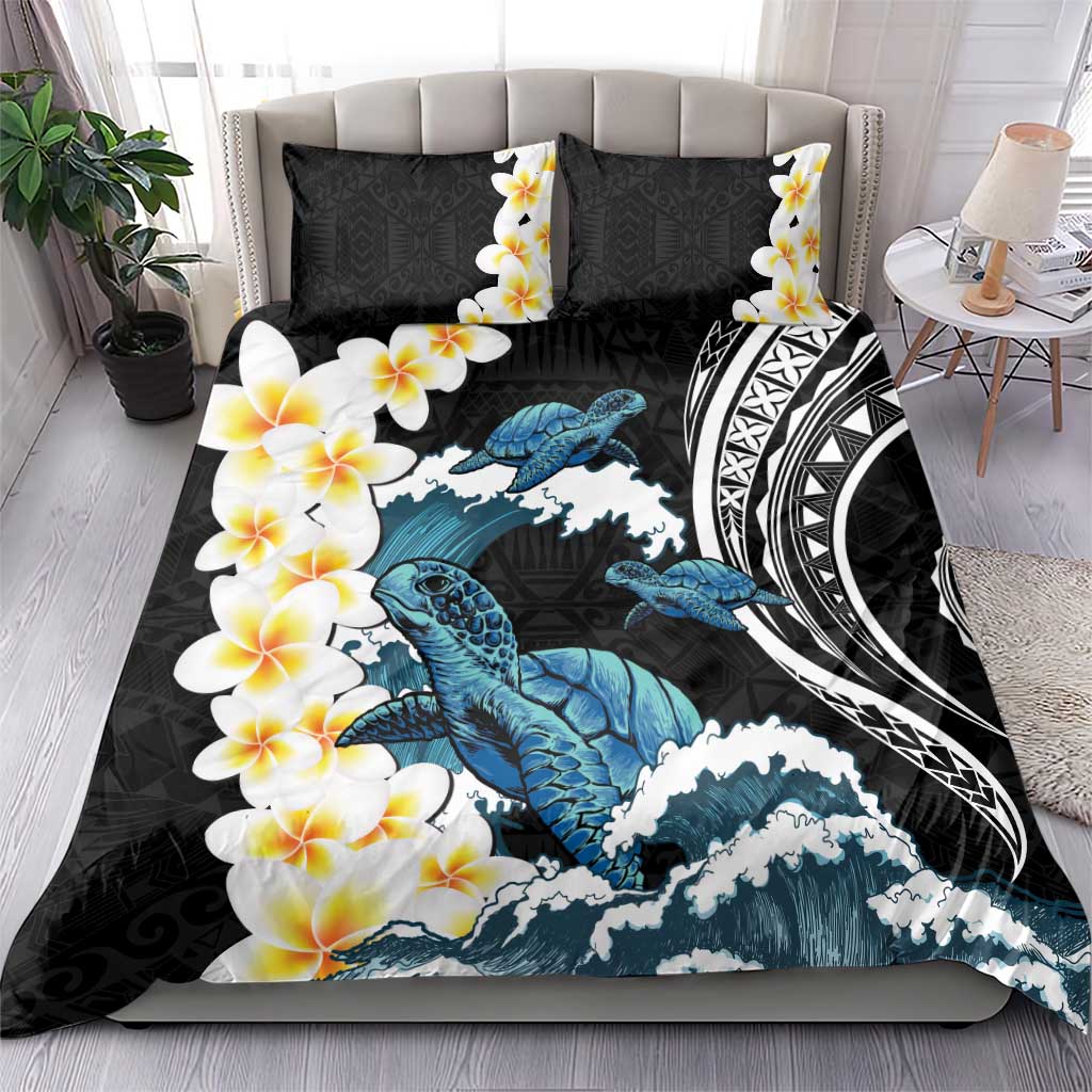Black Polynesia Bedding Set Polynesian Frangipani With Sea Turtles LT14 - Polynesian Pride