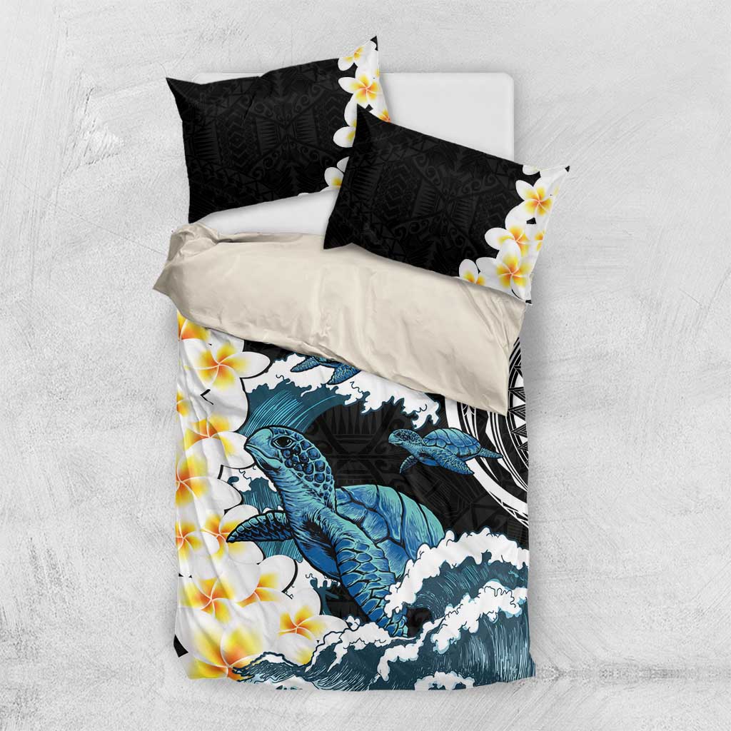 Black Polynesia Bedding Set Polynesian Frangipani With Sea Turtles LT14 US Twin 172cm x 218cm Black - Polynesian Pride