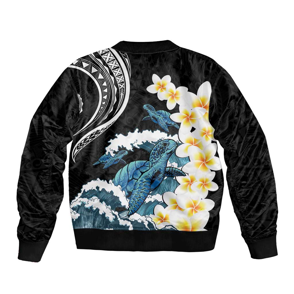Black Polynesia Bomber Jacket Polynesian Frangipani With Sea Turtles LT14 - Polynesian Pride
