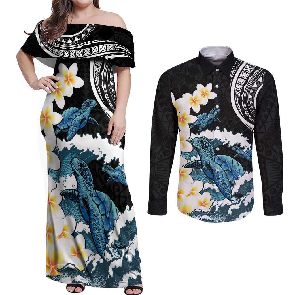 Black Polynesia Couples Matching Off Shoulder Maxi Dress and Long Sleeve Button Shirt Polynesian Frangipani With Sea Turtles LT14 Black - Polynesian Pride