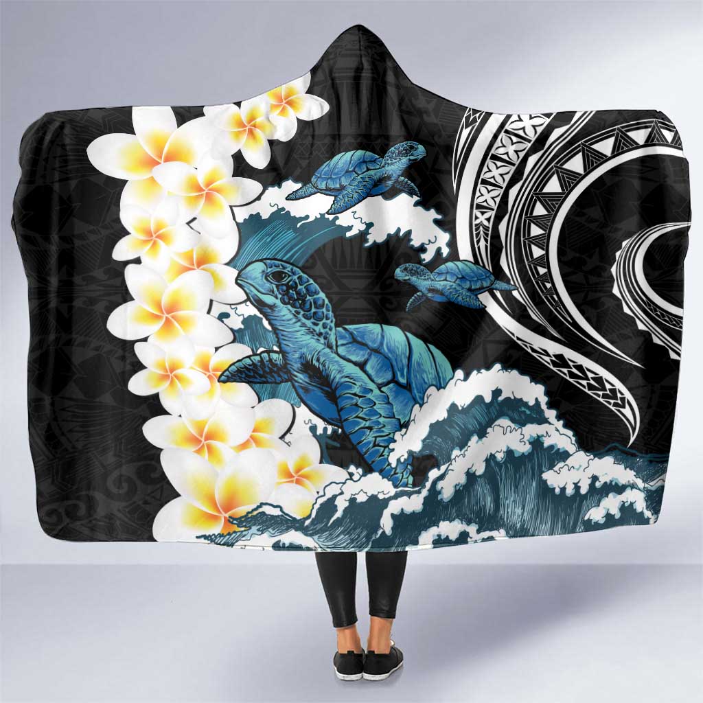 Black Polynesia Hooded Blanket Polynesian Frangipani With Sea Turtles LT14 One Size Black - Polynesian Pride
