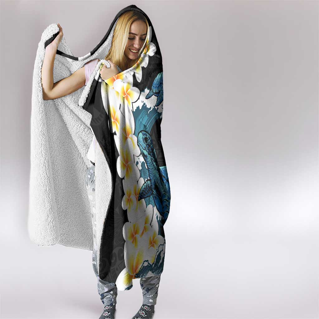 Black Polynesia Hooded Blanket Polynesian Frangipani With Sea Turtles LT14 - Polynesian Pride