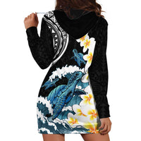 Black Polynesia Hoodie Dress Polynesian Frangipani With Sea Turtles LT14 - Polynesian Pride