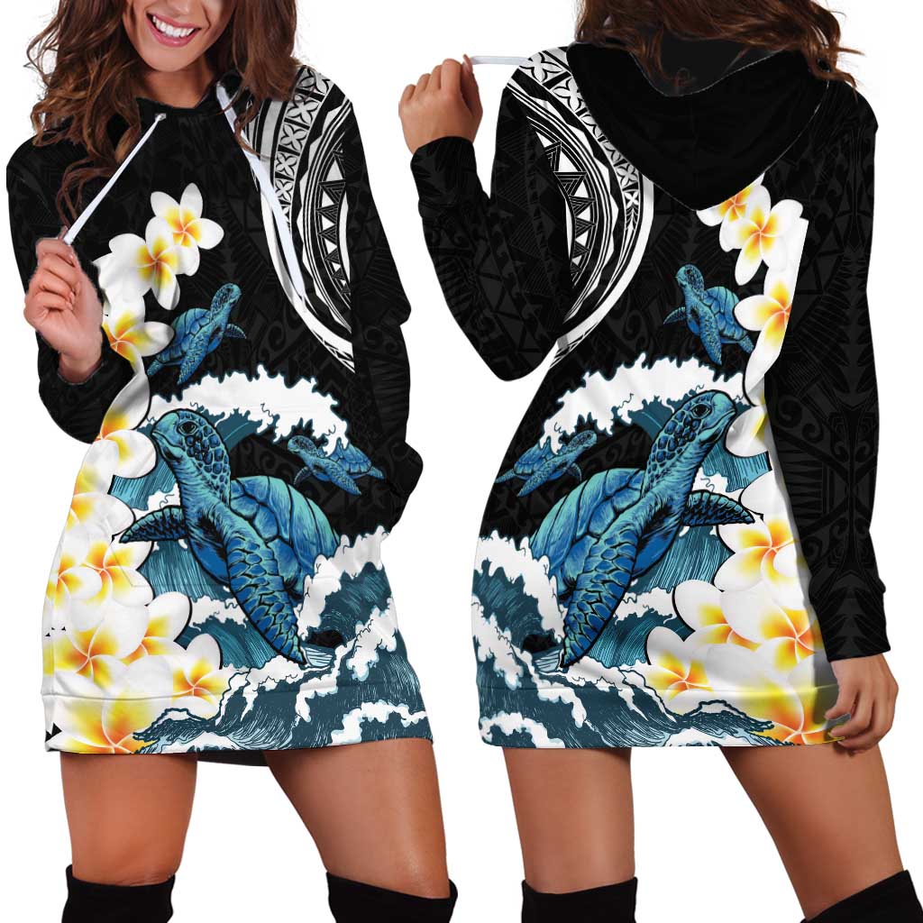 Black Polynesia Hoodie Dress Polynesian Frangipani With Sea Turtles LT14 - Polynesian Pride