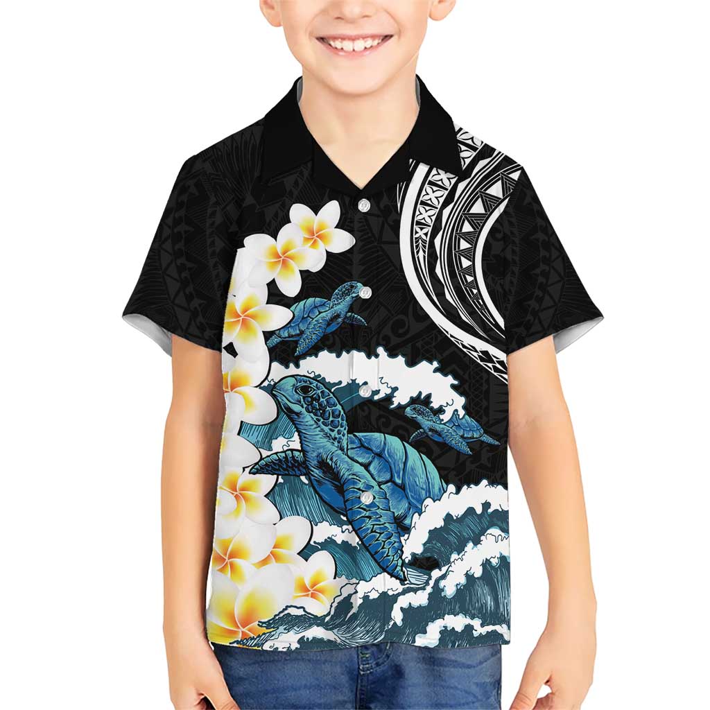 Black Polynesia Kid Hawaiian Shirt Polynesian Frangipani With Sea Turtles LT14 Kid Black - Polynesian Pride