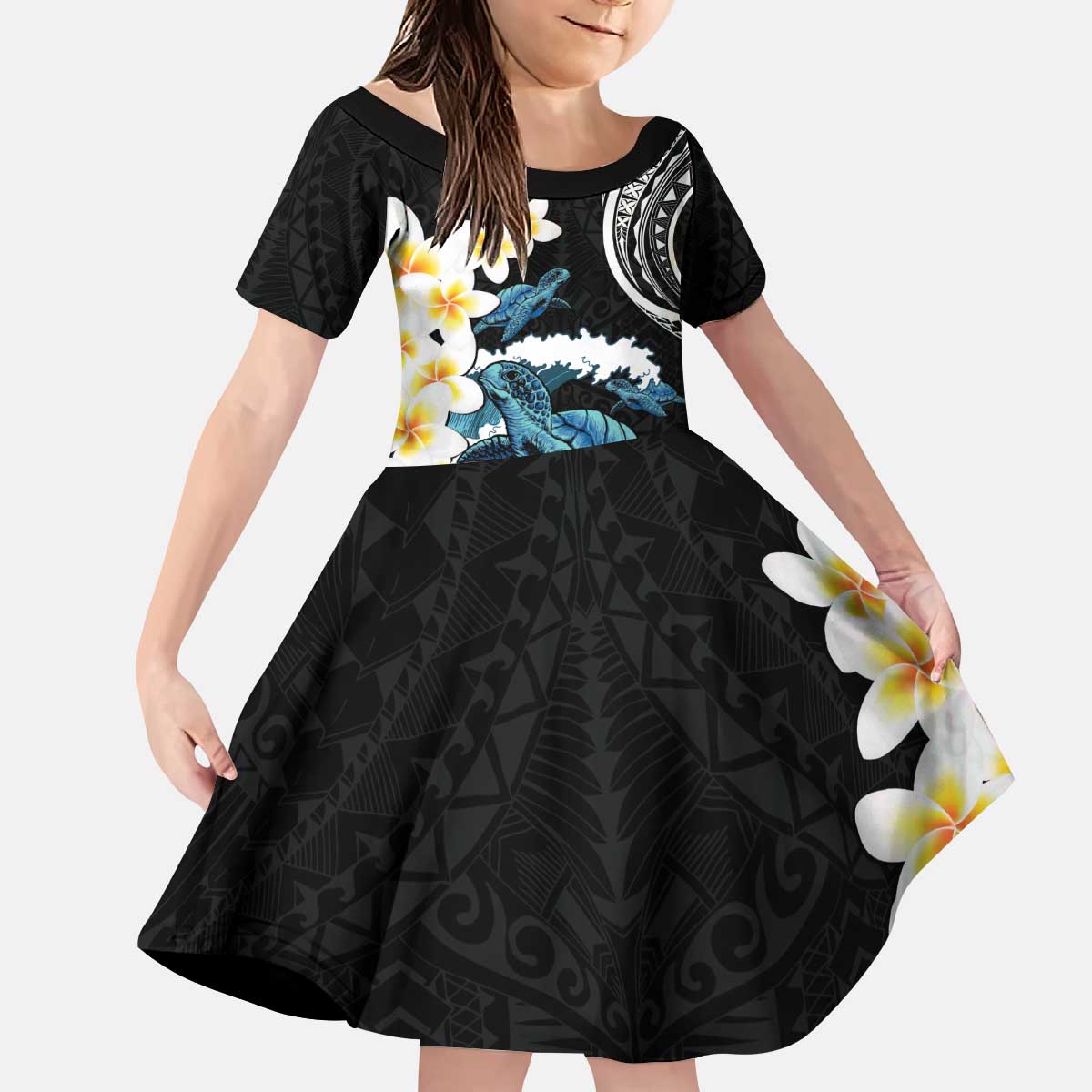 Black Polynesia Kid Short Sleeve Dress Polynesian Frangipani With Sea Turtles LT14 KID Black - Polynesian Pride