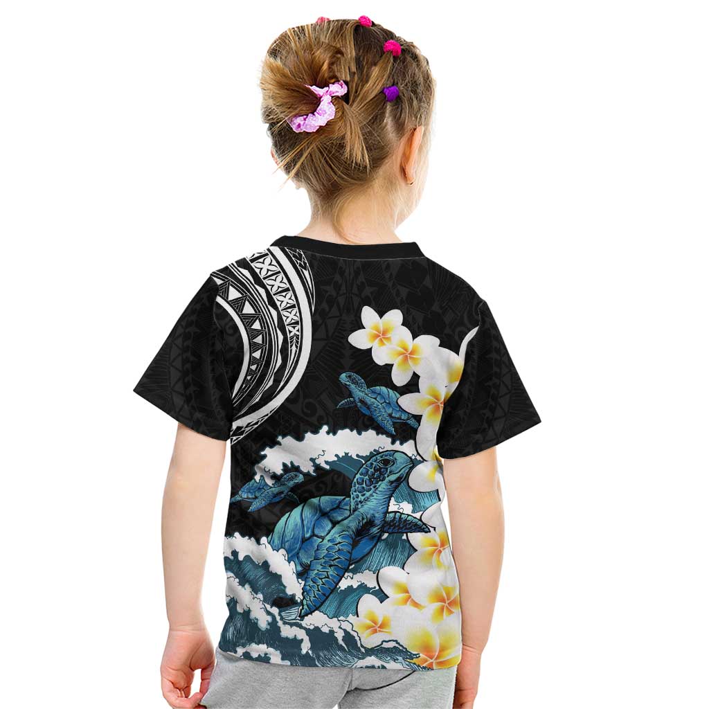 Black Polynesia Kid T Shirt Polynesian Frangipani With Sea Turtles LT14 - Polynesian Pride