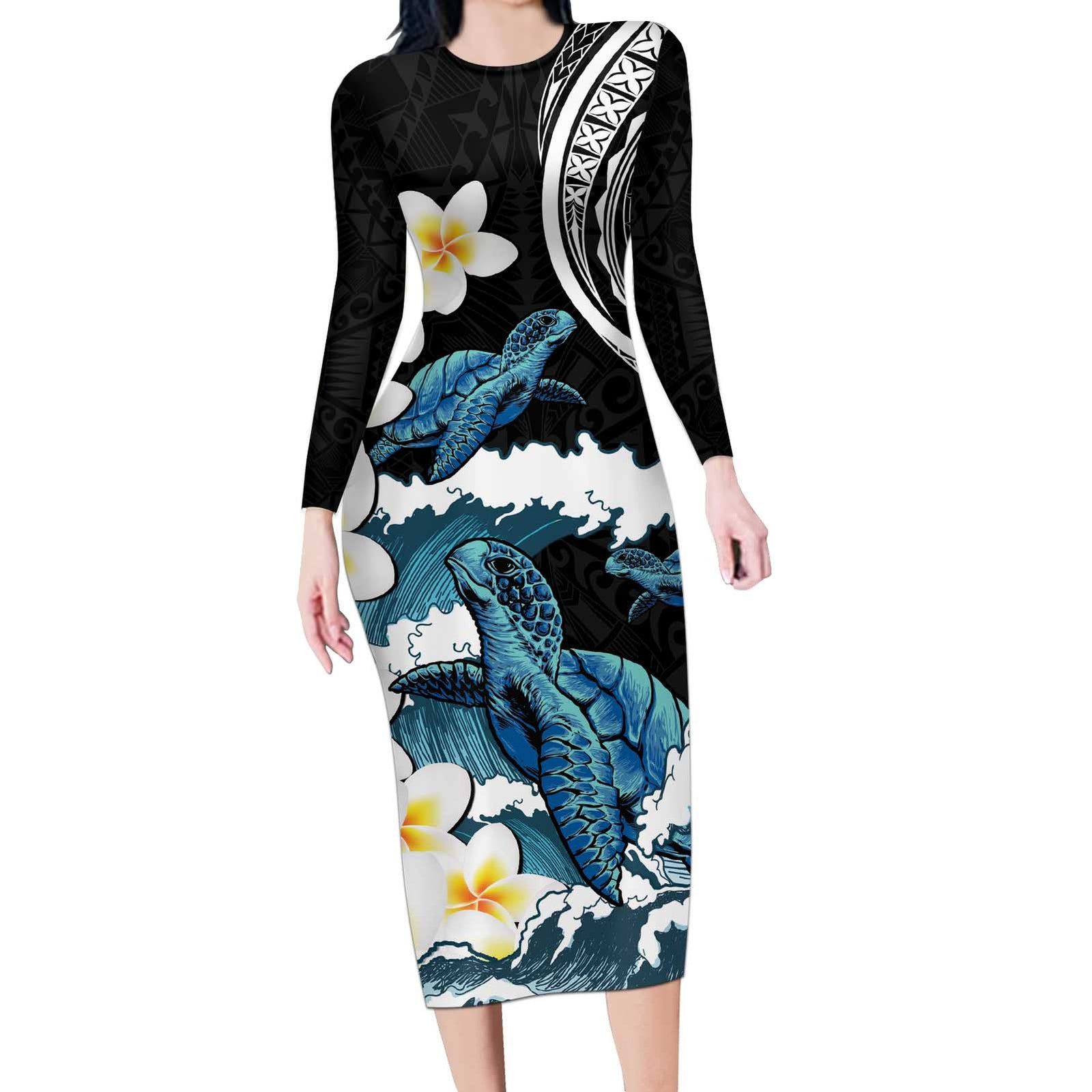 Black Polynesia Long Sleeve Bodycon Dress Polynesian Frangipani With Sea Turtles LT14 Long Dress Black - Polynesian Pride