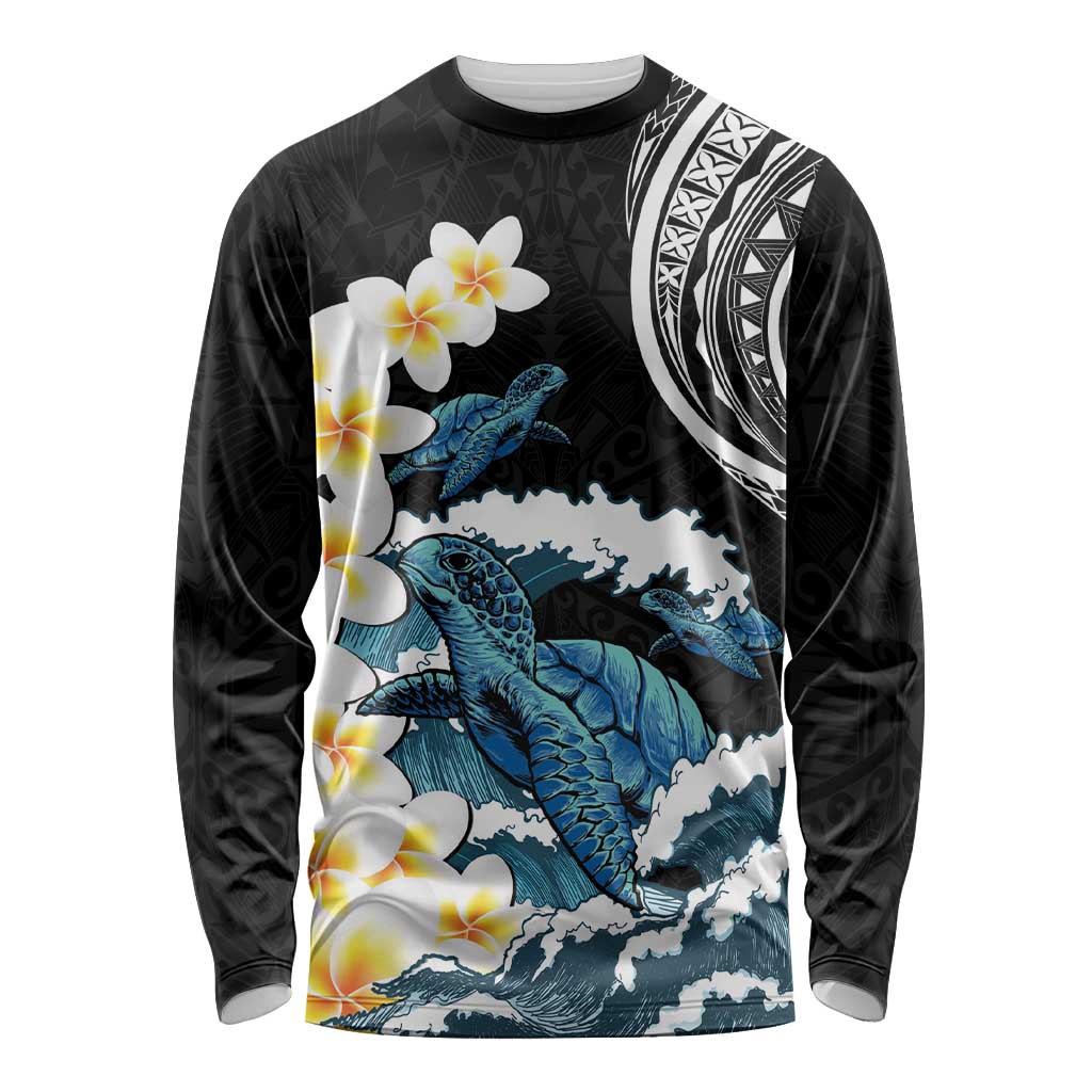 Black Polynesia Long Sleeve Shirt Polynesian Frangipani With Sea Turtles LT14 Unisex Black - Polynesian Pride