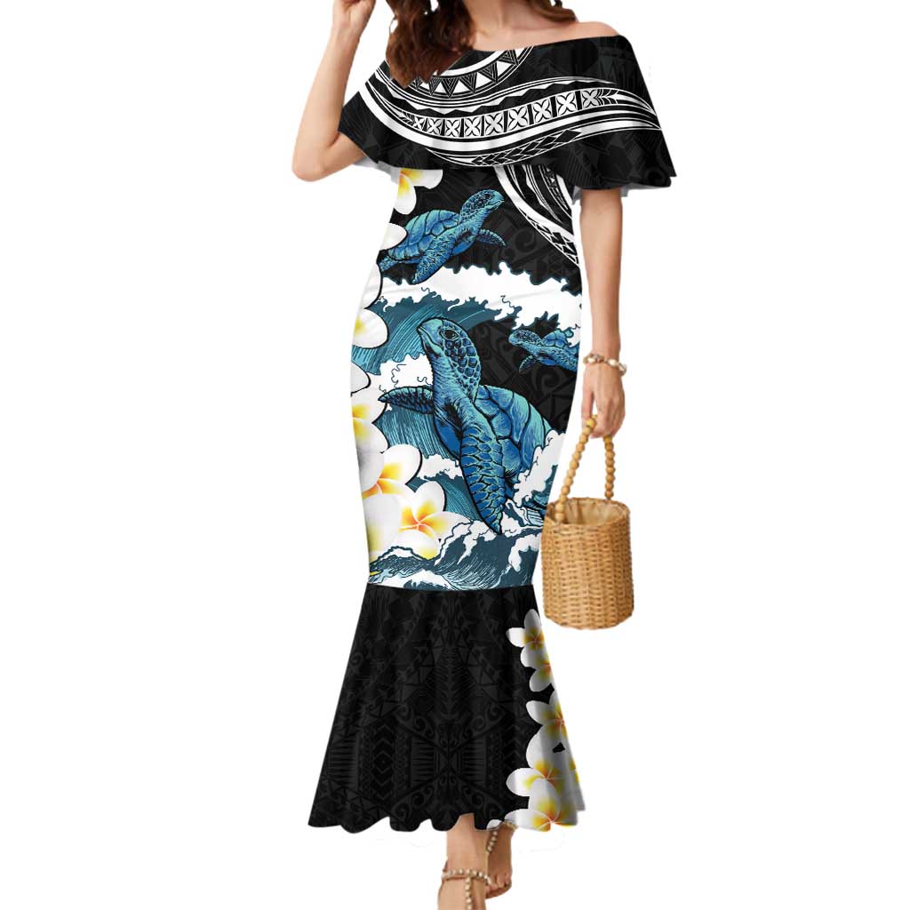 Black Polynesia Mermaid Dress Polynesian Frangipani With Sea Turtles LT14 Women Black - Polynesian Pride