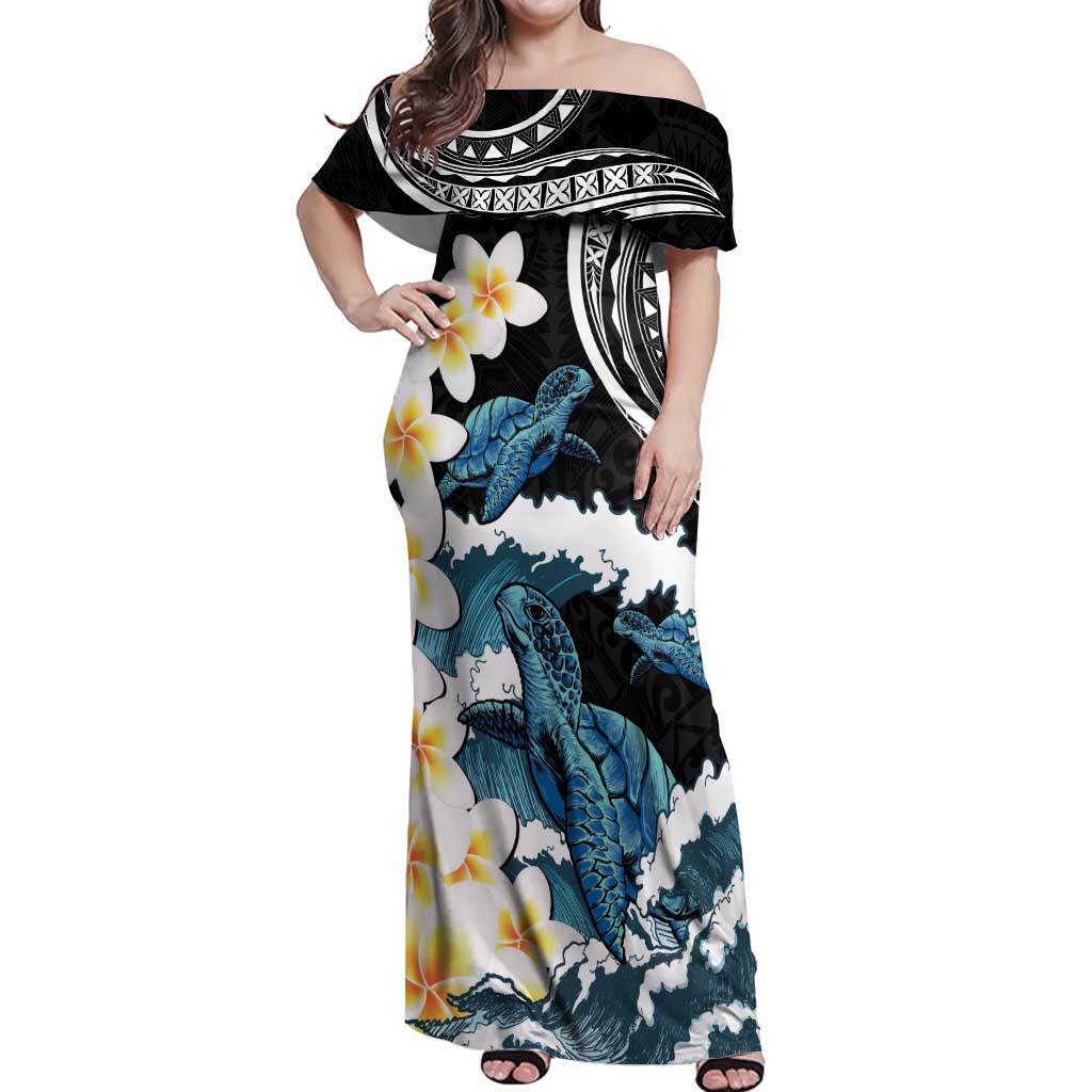 Black Polynesia Off Shoulder Maxi Dress Polynesian Frangipani With Sea Turtles LT14 Women Black - Polynesian Pride