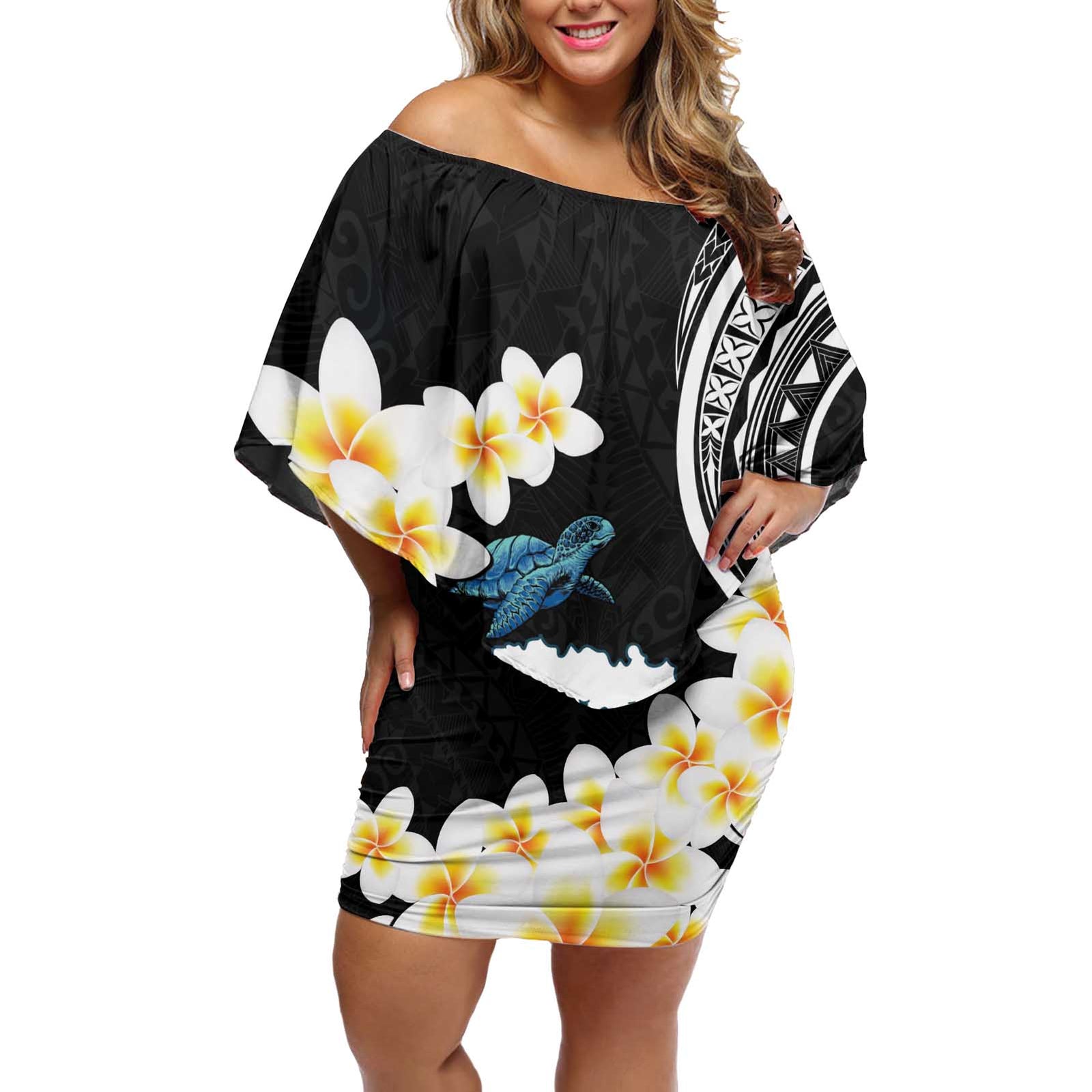 Black Polynesia Off Shoulder Short Dress Polynesian Frangipani With Sea Turtles LT14 Women Black - Polynesian Pride