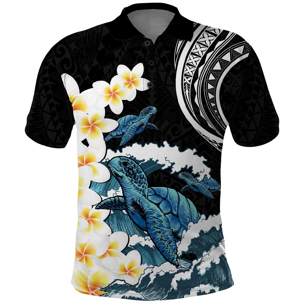 Black Polynesia Polo Shirt Polynesian Frangipani With Sea Turtles LT14 Black - Polynesian Pride