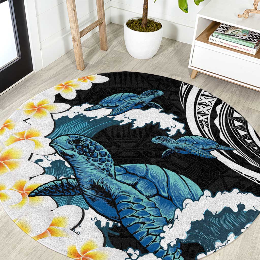 Black Polynesia Round Carpet Polynesian Frangipani With Sea Turtles LT14 Black - Polynesian Pride